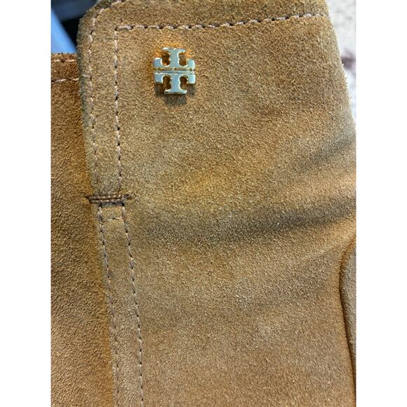 Tory Burch Sabe Caramel Suede Ankle Bootie Side Zipper Heel Logo Brazil SZ 10 - Picture 3 of 9